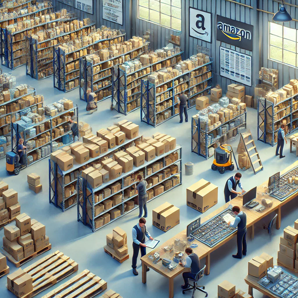 A well-organized Amazon FBA warehouse with employees labeling boxes and a manager overseeing the prep process, emphasizing accuracy and proper handling in FBA prep for a seamless customer experience.