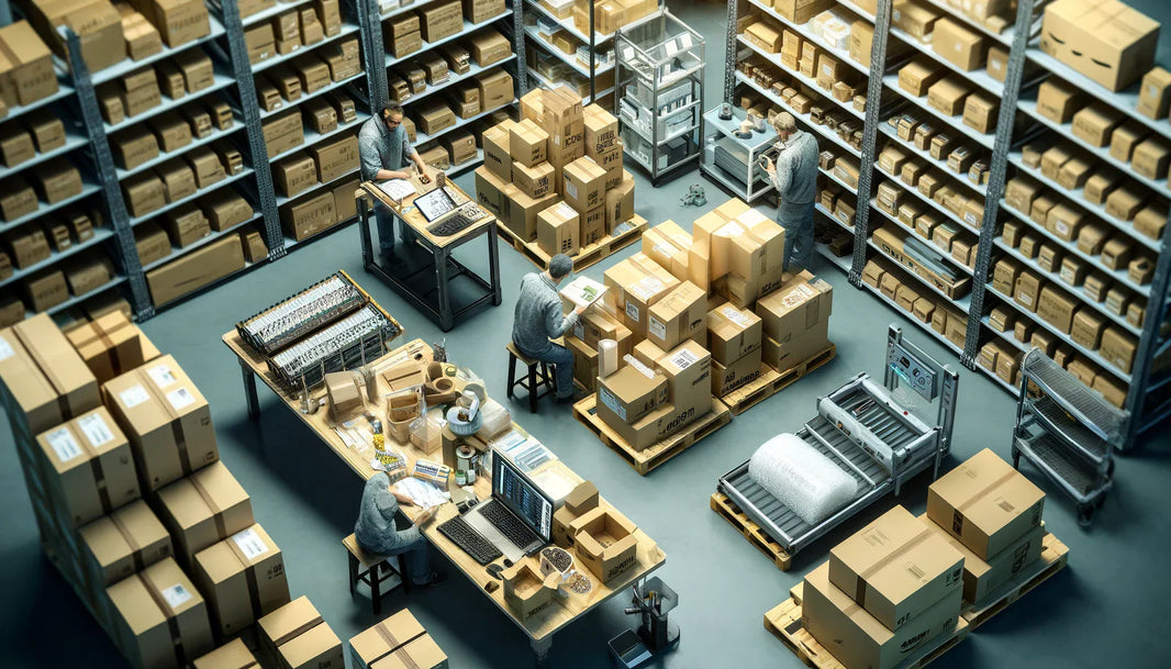 A professional warehouse setting showing Amazon sellers preparing products for shipment, with organized packaging, labeling, and quality control processes ensuring compliance for Amazon fulfillment.