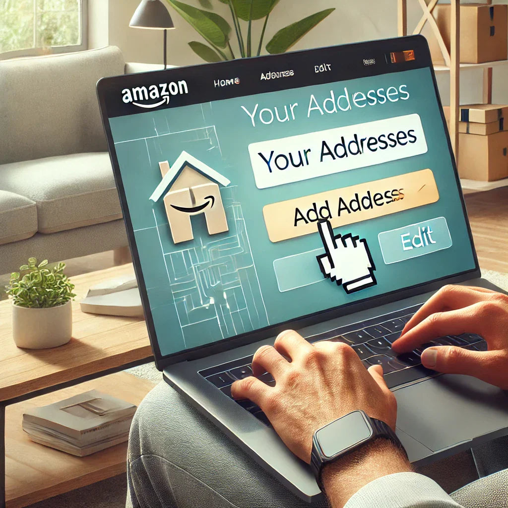 A digital illustration of a person using a laptop at home, browsing the Amazon website.