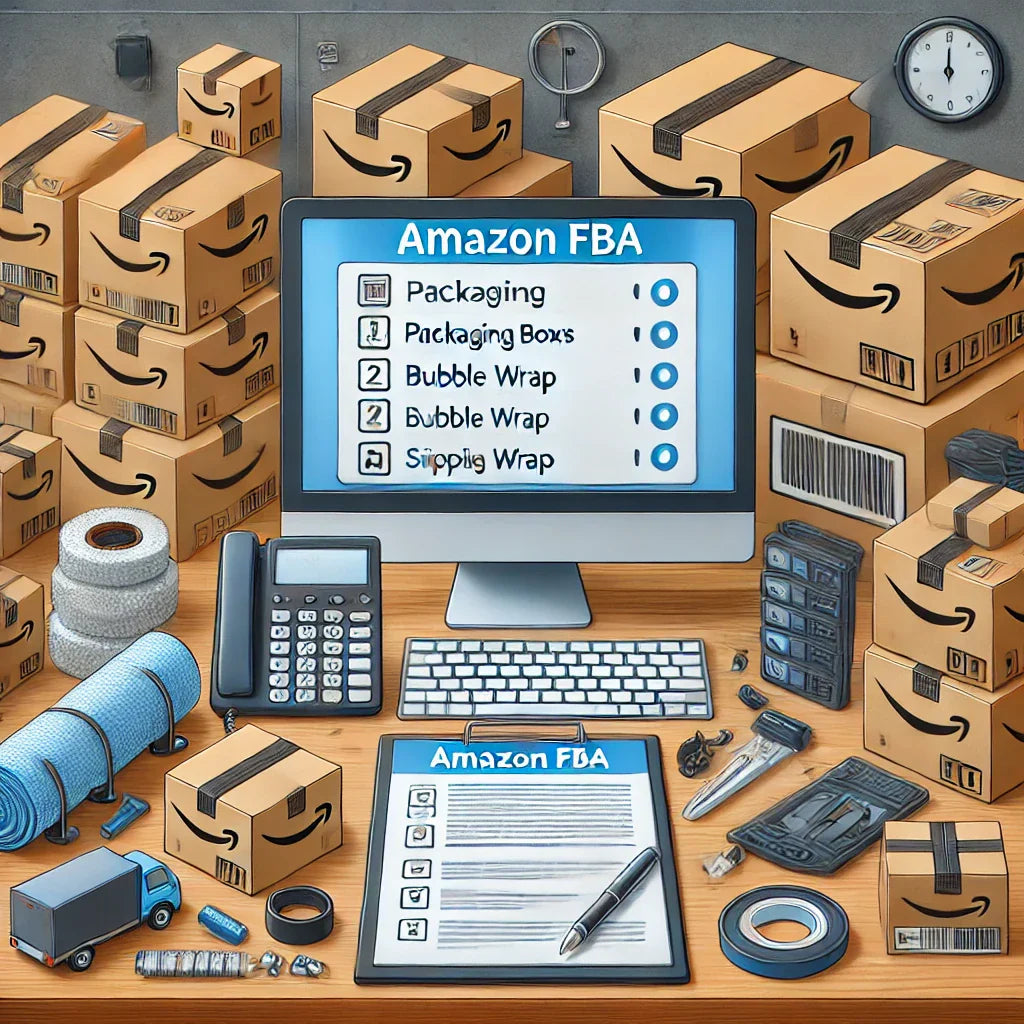 Organized workspace with labeled boxes, bubble wrap, and shipping supplies, illustrating Amazon FBA preparation steps.Organized workspace with labeled boxes, bubble wrap, and shipping supplies, illustrating Amazon FBA preparation steps.