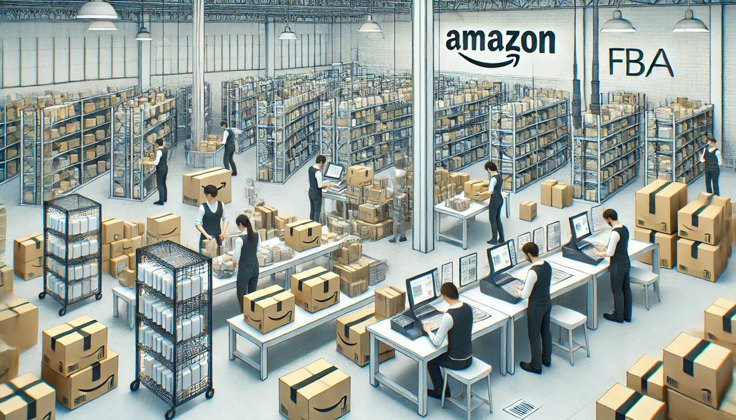 Warehouse workers preparing and packing products for Amazon FBA, with organized packing stations, labeled boxes, and efficient e-commerce fulfillment setup.