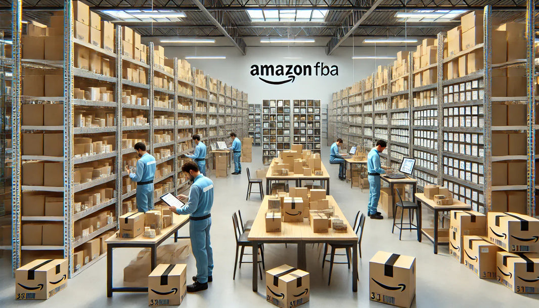 A modern warehouse with organized shelves and workers performing inspections, labeling, and packaging for Amazon FBA, showcasing the efficiency and professionalism of FBA prep centers in supporting e-commerce businesses.