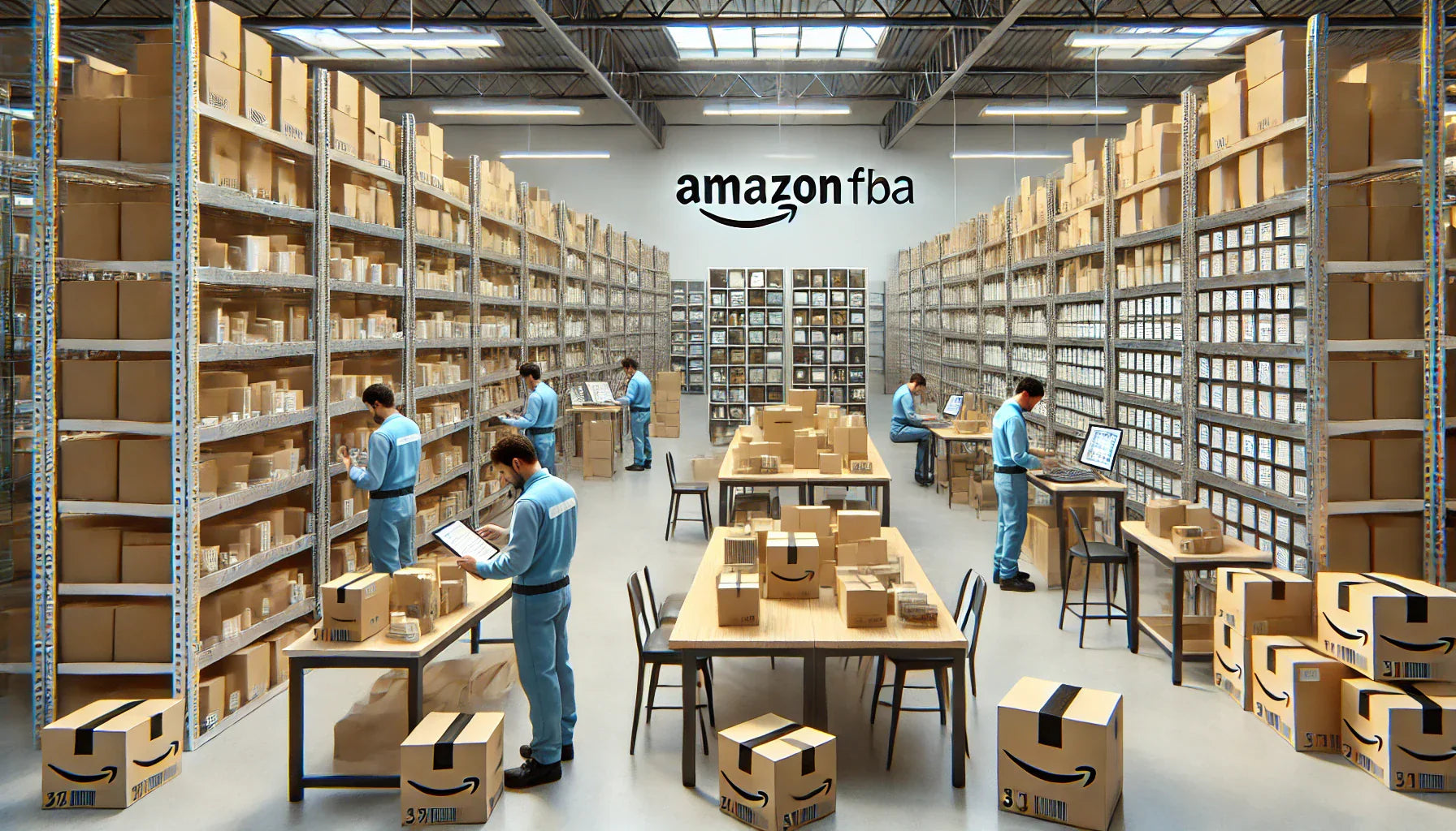 A modern warehouse with organized shelves and workers performing inspections, labeling, and packaging for Amazon FBA, showcasing the efficiency and professionalism of FBA prep centers in supporting e-commerce businesses.