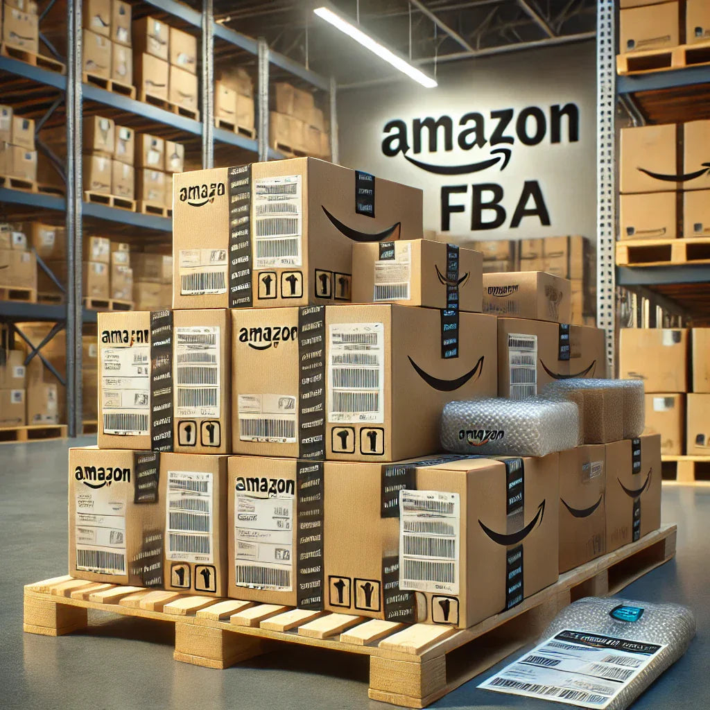 Neatly packaged boxes labeled with barcodes and Amazon FBA shipping labels stacked on a warehouse pallet, with bubble wrap and cardboard inserts to ensure product safety in a professional warehouse environment.