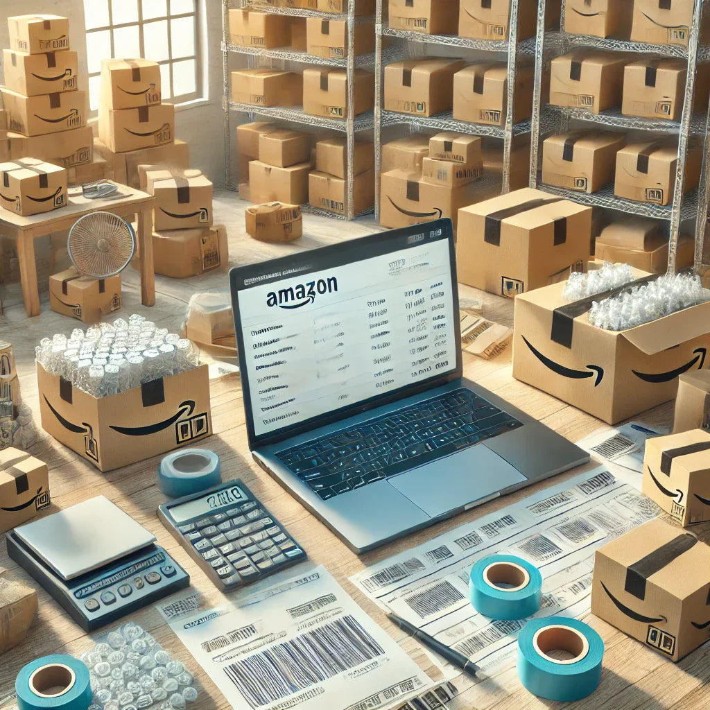 An Amazon FBA seller’s workspace with packing supplies, labeled boxes, a laptop displaying Amazon's dashboard, and inventory storage, illustrating preparation costs for new sellers.