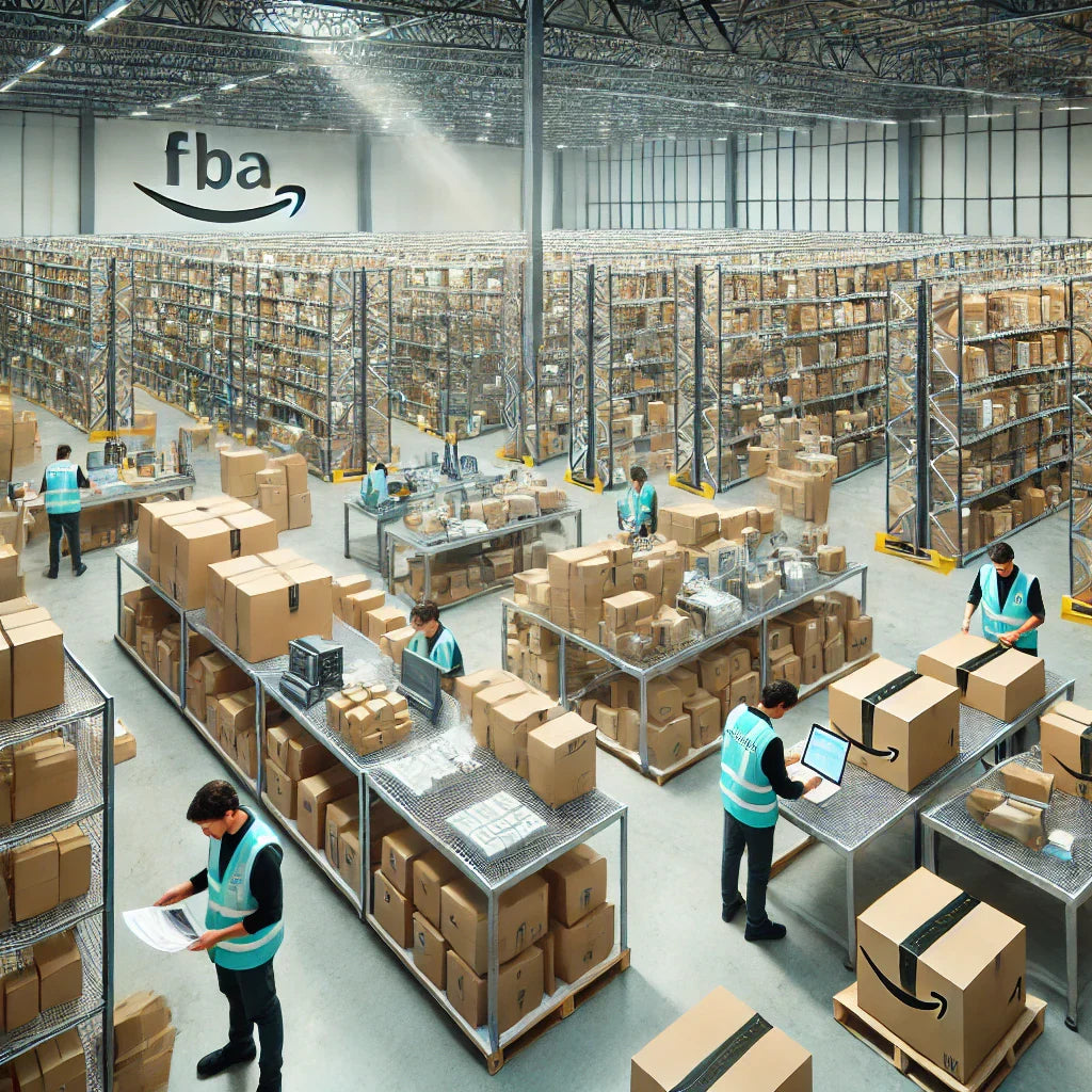 A well-organized warehouse with staff handling packaging, labeling, and quality checks for Amazon FBA orders, showcasing efficient workflow and compliance with Amazon’s fulfillment standards.