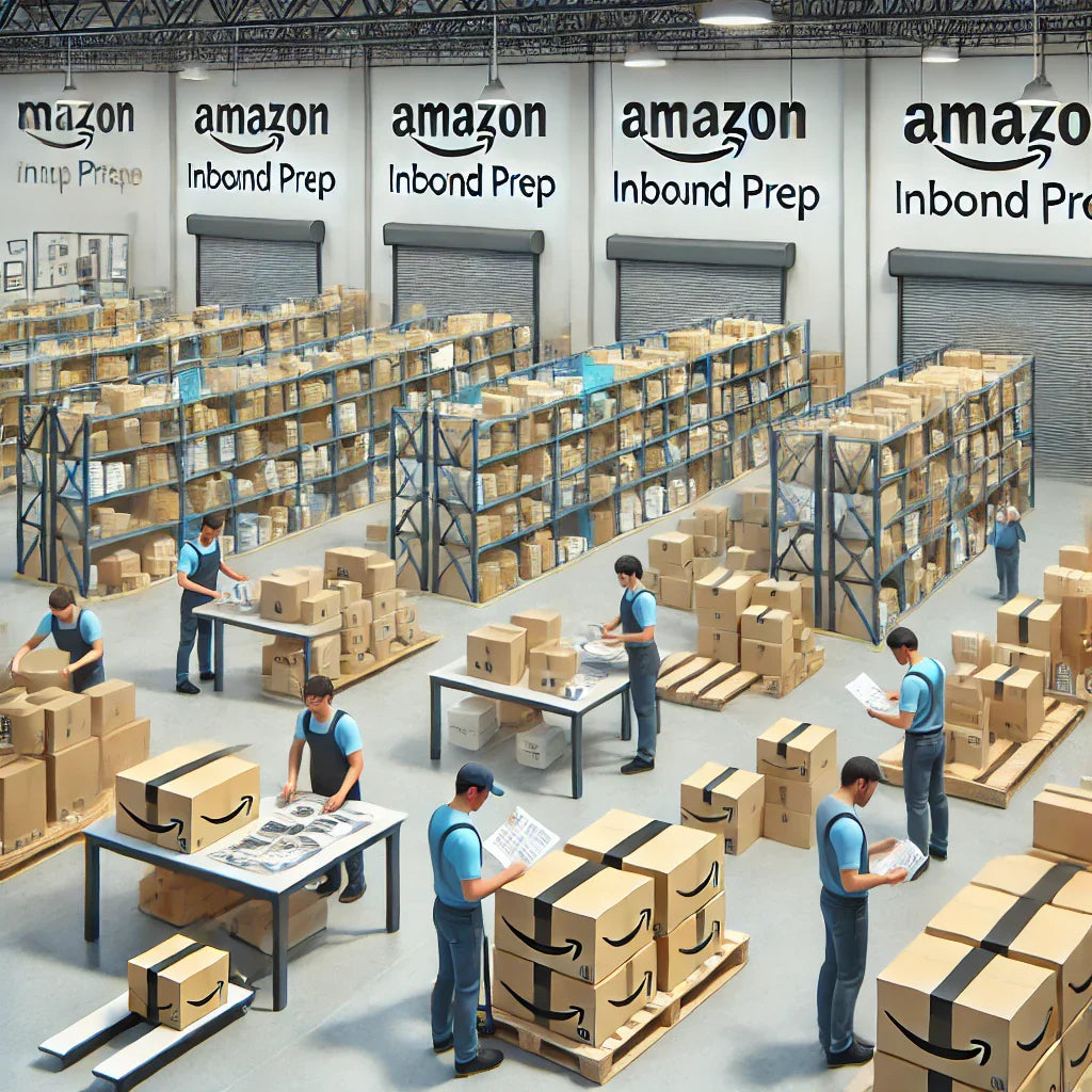 Warehouse workers efficiently preparing products for Amazon shipment, labeling boxes and organizing inventory on pallets in a clean, well-lit environment following Amazon's inbound preparation guidelines.