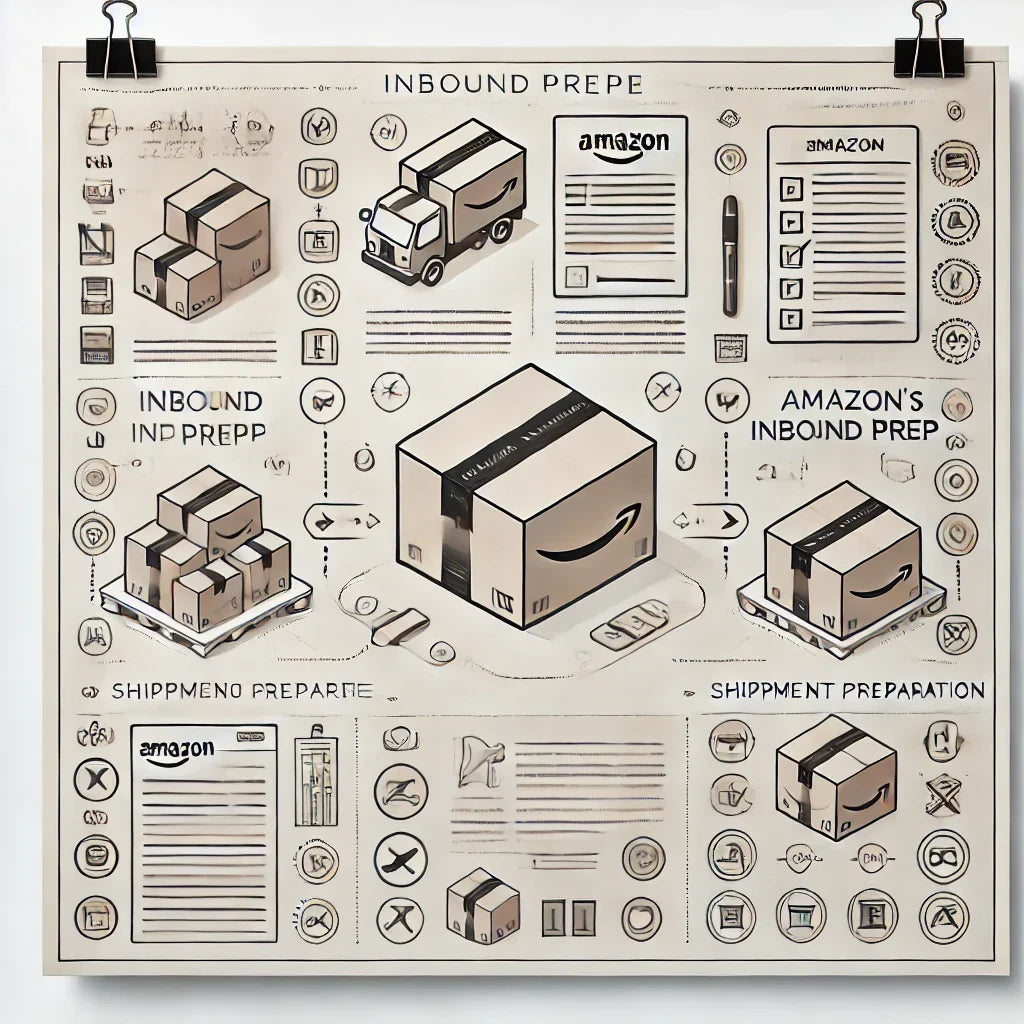 Step-by-step illustration of Amazon's inbound prep requirements, featuring icons for packaging, labeling, and shipment preparation to help sellers understand compliance and efficiency in Amazon’s logistics process.