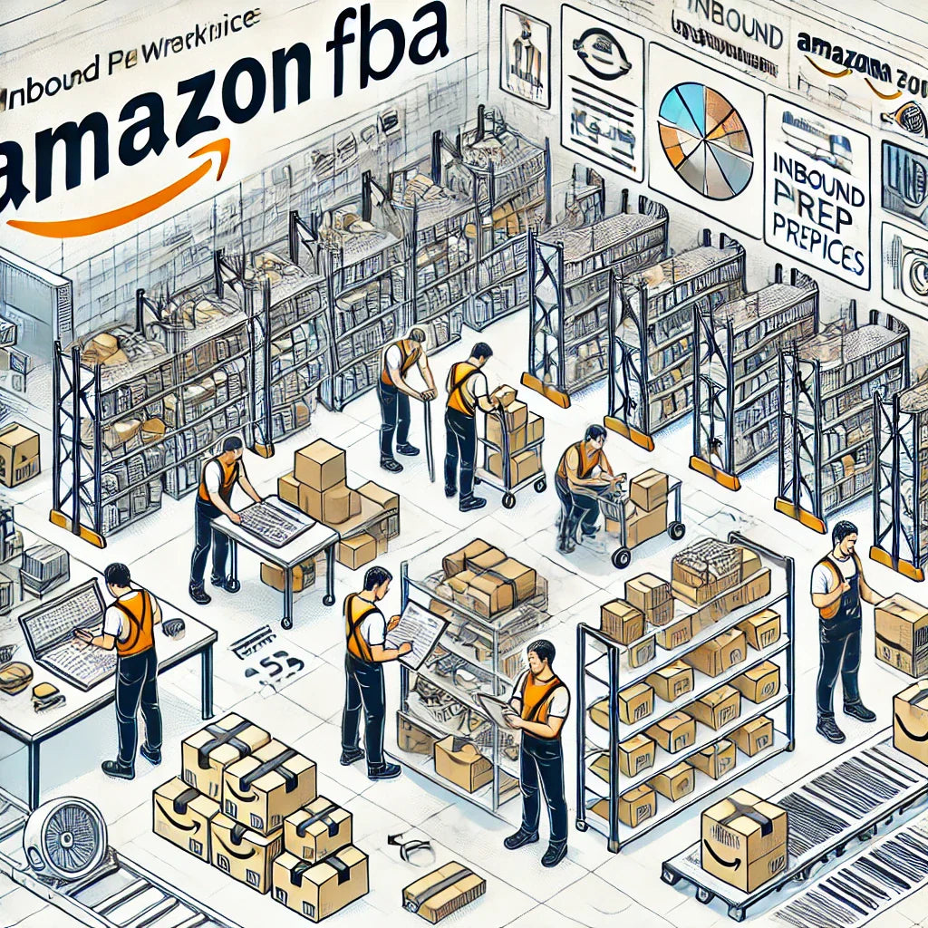 Amazon FBA warehouse with workers performing inbound prep services, including labeling, packaging, and quality checks to meet Amazon's standards.