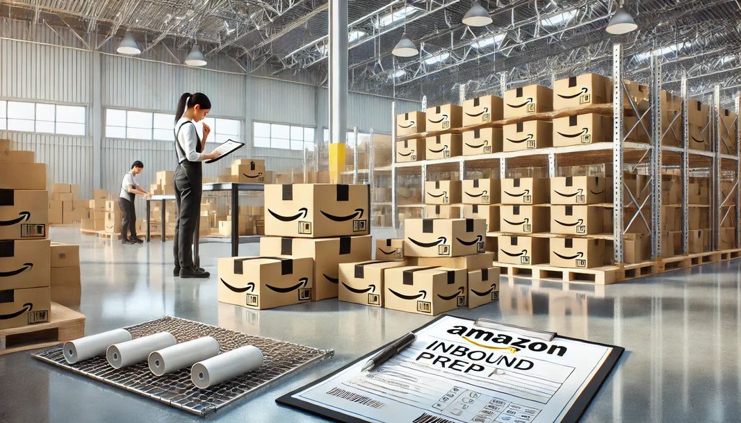Warehouse worker preparing products for Amazon inbound shipment, labeling boxes with attention to detail to avoid common prep mistakes.