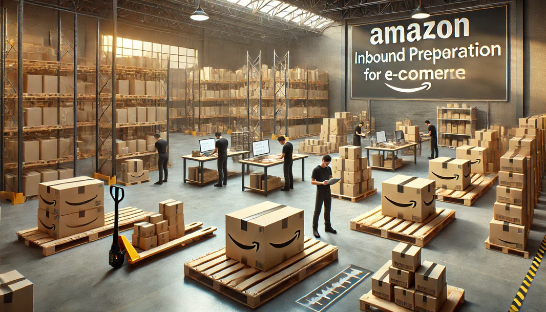 Warehouse team organizing and labeling packages for Amazon inbound prep, ensuring compliance with Amazon FBA guidelines in a modern, efficient warehouse setting focused on streamlined inventory management and fast fulfillment.