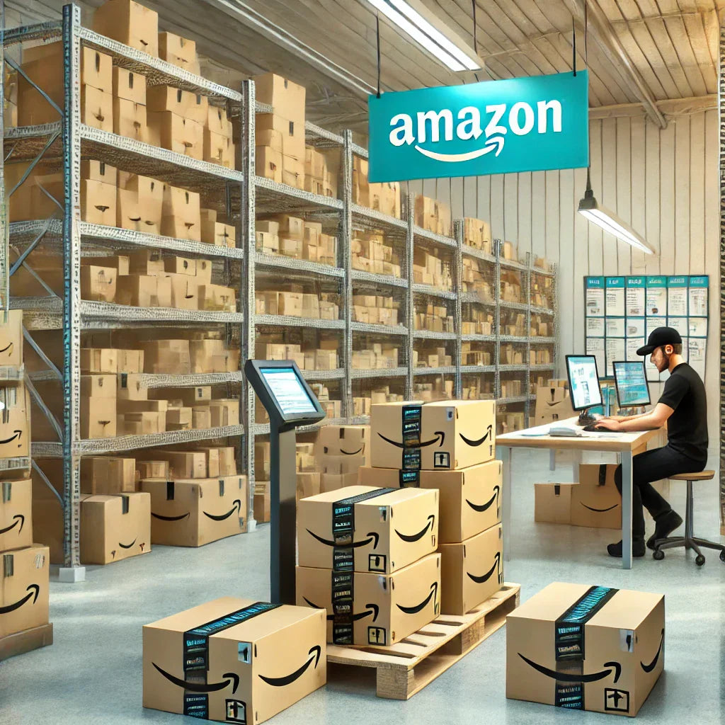 Warehouse worker organizing Amazon shipping boxes in a clean, well-organized inbound preparation area with shelves, barcode scanners, and packing supplies, highlighting efficient inbound logistics.