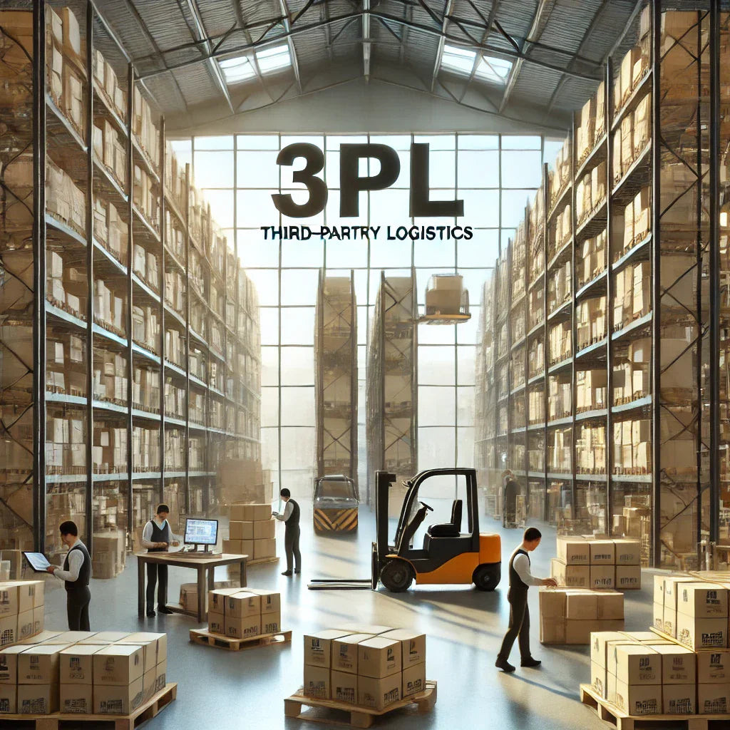Organized warehouse scene depicting third-party logistics operations, with workers handling goods, forklifts moving pallets, and shelves stocked with products, showcasing efficient inventory management within a 3PL facility.