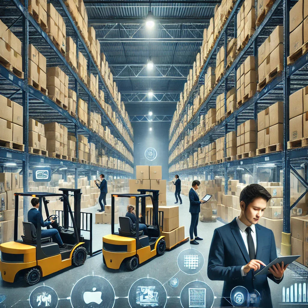 Modern warehouse operated by third-party logistics (3PL) providers, showcasing organized shelves, efficient package handling, and logistics professionals coordinating inventory and shipments, highlighting the benefits of outsourcing logistics.