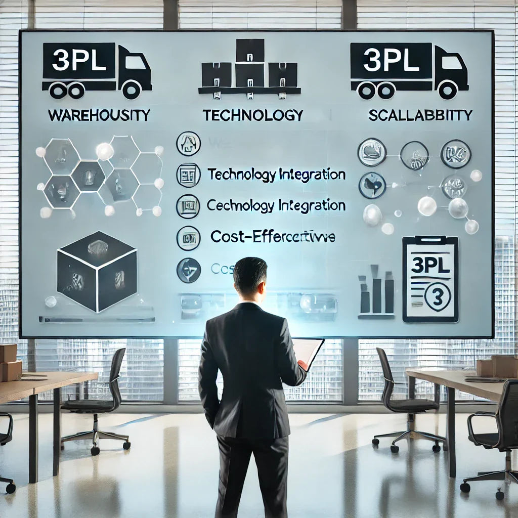 Business manager in a modern office evaluating 3PL providers, with icons representing warehousing, technology integration, scalability, and cost-effectiveness, illustrating the decision-making process in selecting a third-party logistics partner.