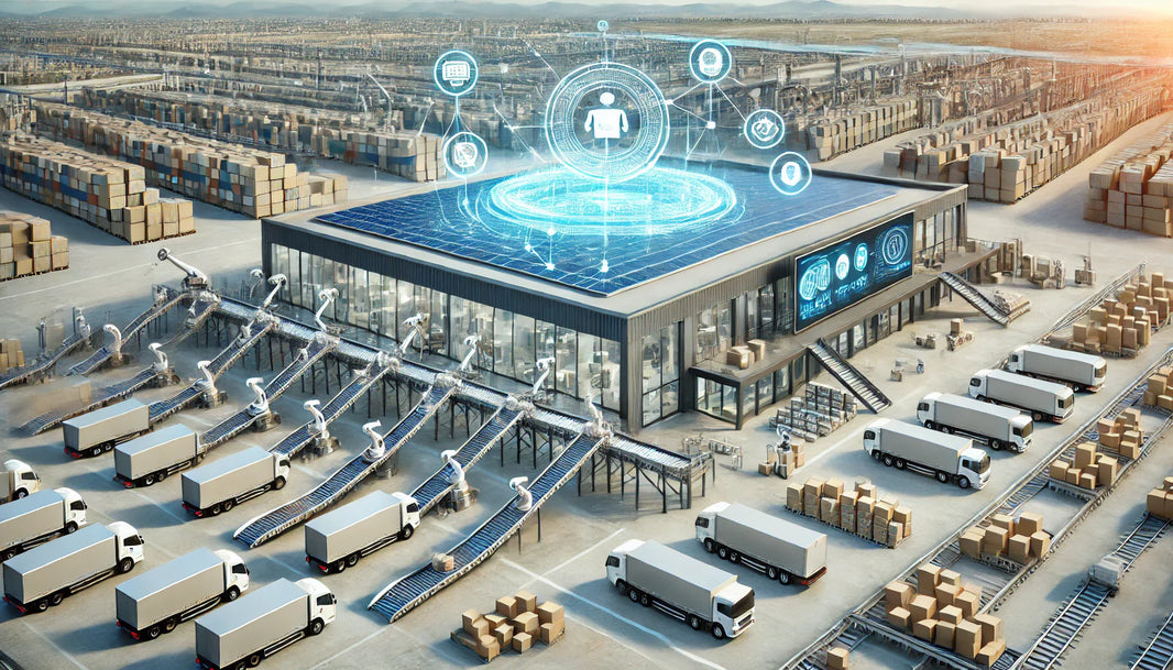 Futuristic logistics facility with automated robots sorting packages on conveyor belts, AI-driven control center with real-time analytics, and electric delivery trucks.
