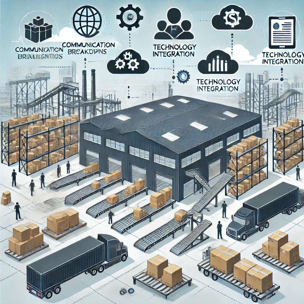 Illustration of a logistics warehouse highlighting common third-party logistics (3PL) challenges, including stacked boxes, conveyer belts, and loading trucks.