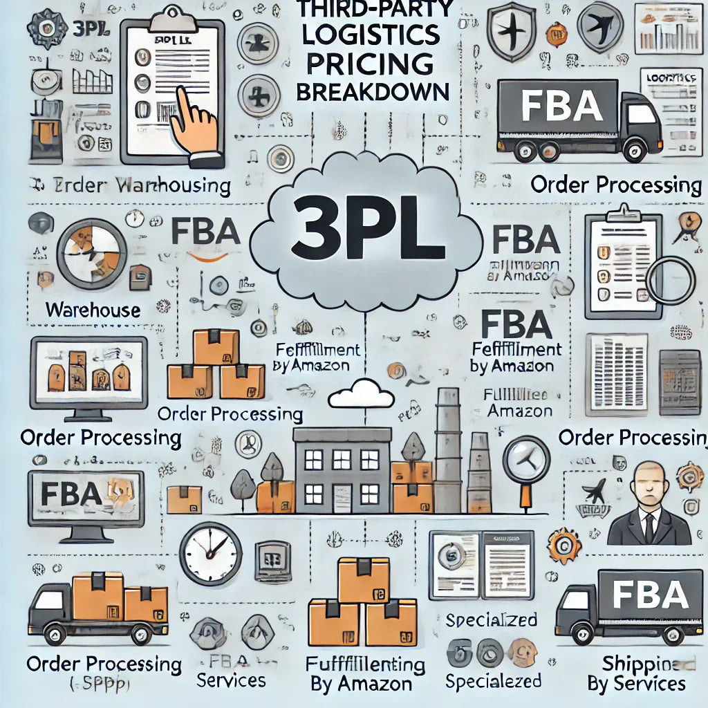 Infographic illustrating components of 3PL (third-party logistics) pricing, including warehousing, order processing, FBA preparation, and specialized services.