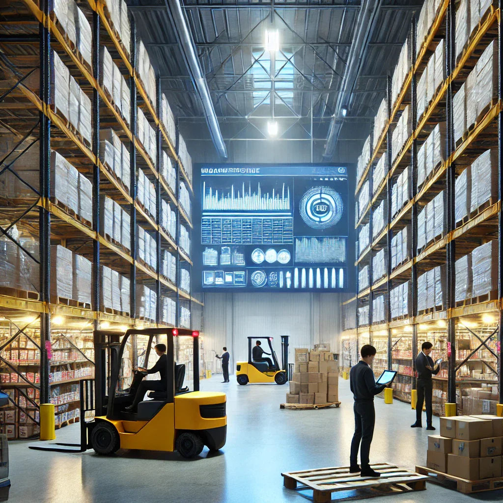 Interior of a modern, organized warehouse with well-stocked shelves, forklifts in motion, and workers using handheld devices.