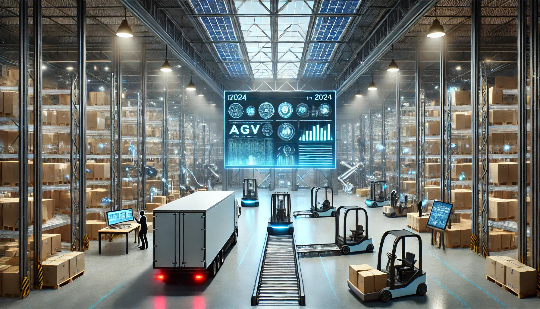 Futuristic warehouse interior in 2024 featuring advanced automation with robotic arms, automated guided vehicles, and real-time data analytics displays.