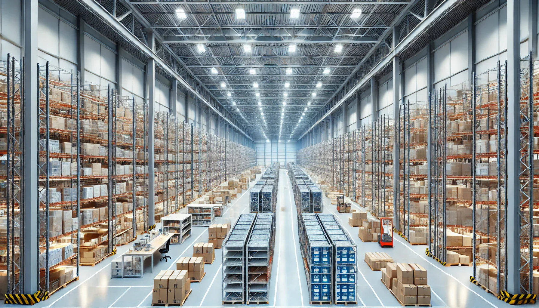 A spacious, well-organized warehouse with clearly marked aisles and strategically arranged shelving units, designed to maximize space and efficiency for streamlined operations.
