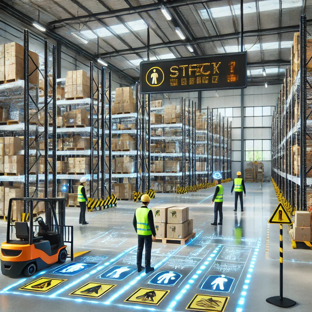 Modern warehouse interior with safety markings, organized shelving, and workers in high-visibility gear.