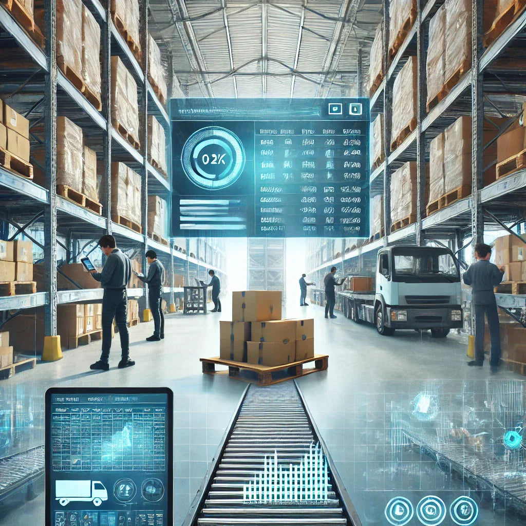 Modern warehouse with organized shelves, digital dashboard showing warehouse management system interface with inventory levels, order accuracy, and productivity metrics; workers using handheld devices to manage inventory in real time.