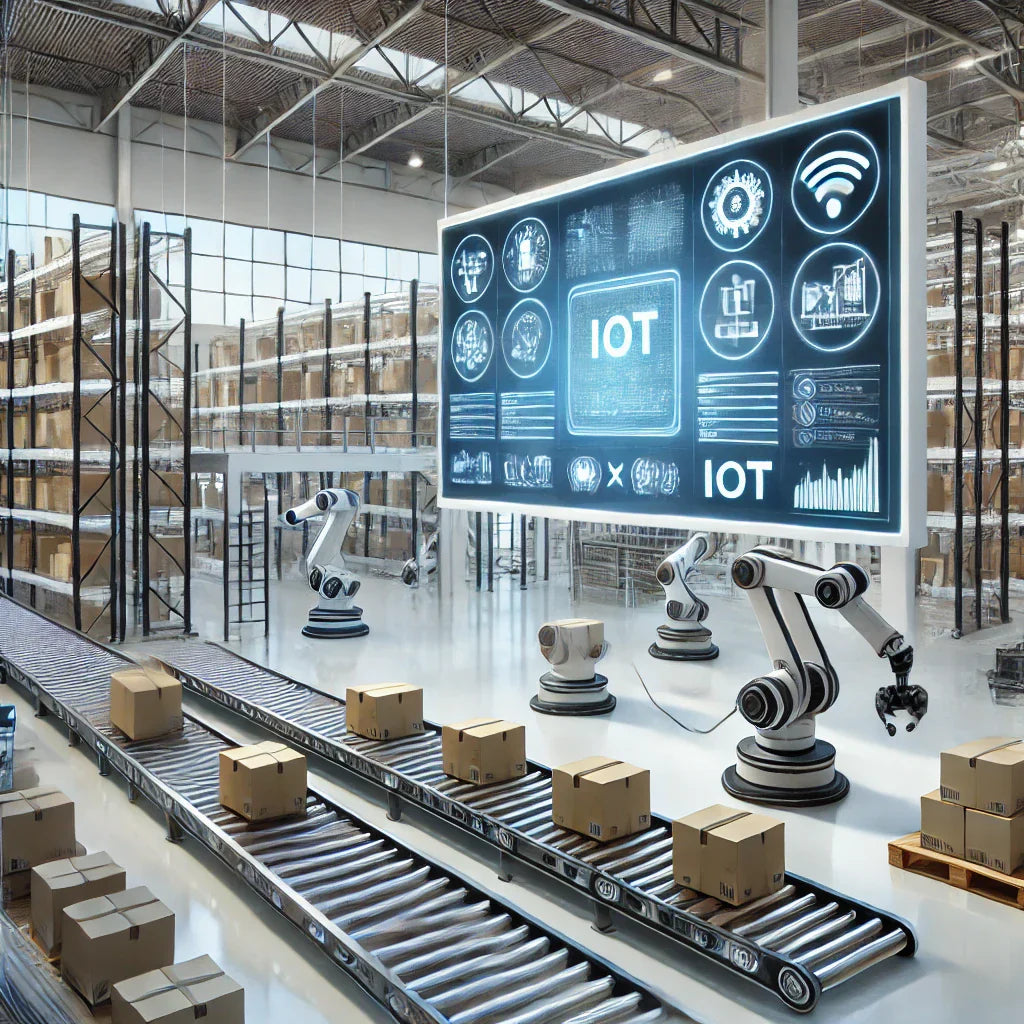A high-tech warehouse with advanced automation technology, including robotics, conveyor systems, and IoT devices working in unison to move and organize inventory, illustrating a futuristic approach to efficiency and productivity.