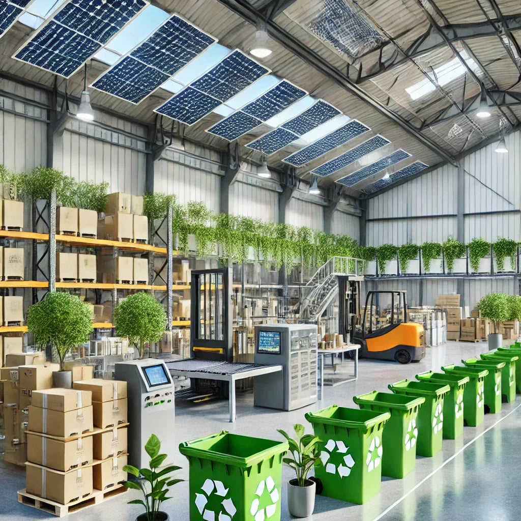 Interior of a modern eco-friendly warehouse featuring solar panels, LED lighting, organized recycling bins, energy-efficient machinery, and green plants, illustrating sustainable warehousing practices.