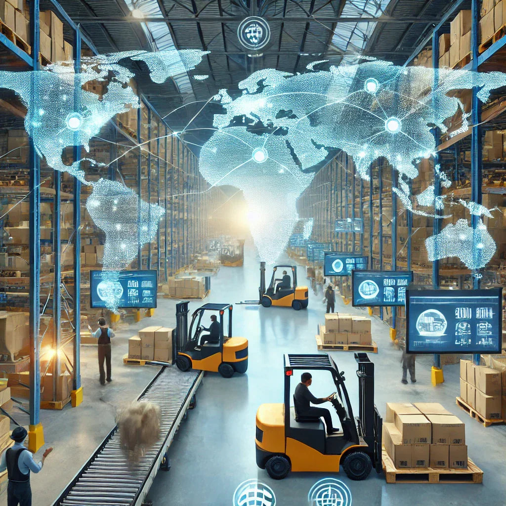 A modern warehouse featuring automated systems and workers managing inventory efficiently.