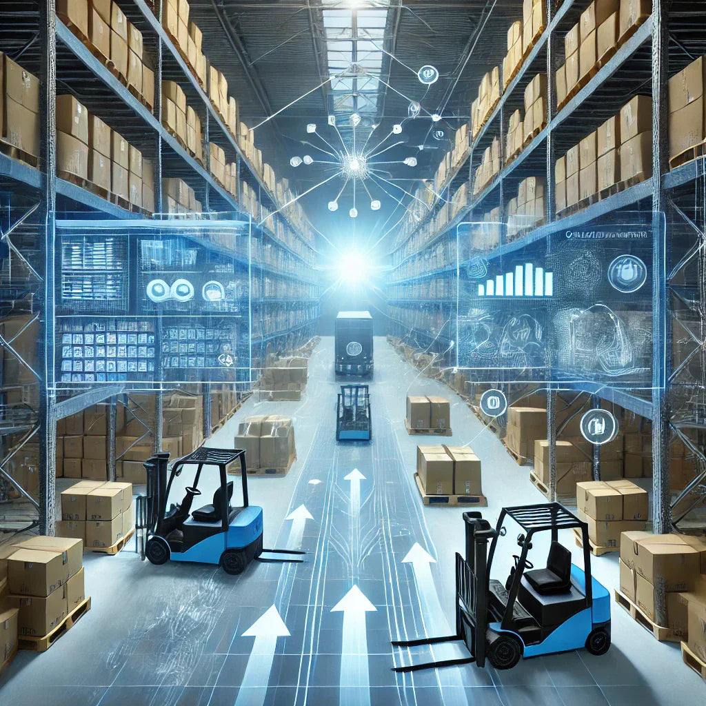 A modern warehouse setting illustrating optimized distribution channels, with organized shelves of product boxes, forklifts moving goods efficiently, and technology screens displaying logistics data.