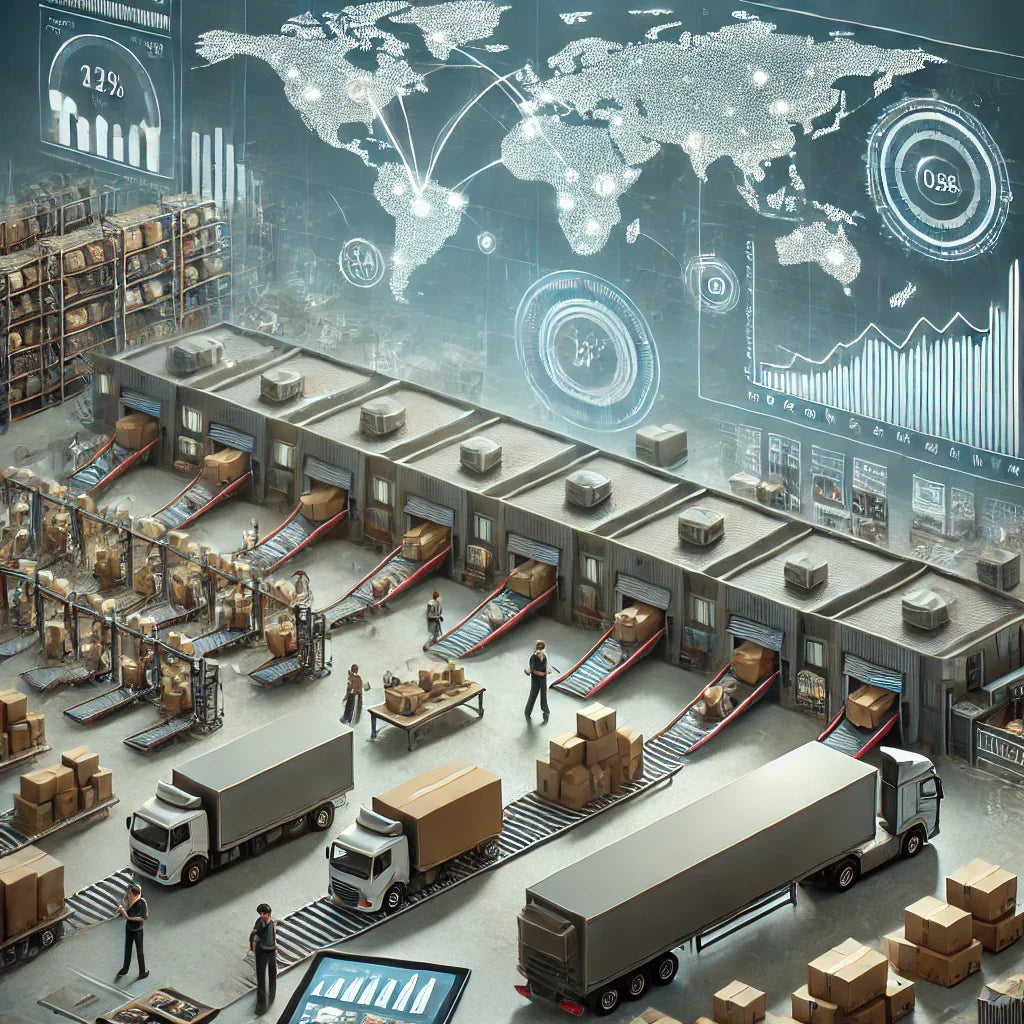 A detailed scene illustrating the complexity of modern distribution and logistics, featuring a busy warehouse with packages on conveyor belts, delivery trucks being loaded, and workers managing inventory.