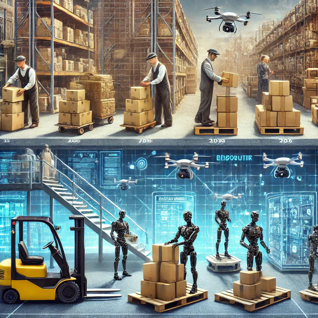 An illustration showing the evolution of e-commerce distribution models, starting from traditional warehouses with workers and forklifts to modern, technology-driven fulfillment centers featuring automated robots and drones.