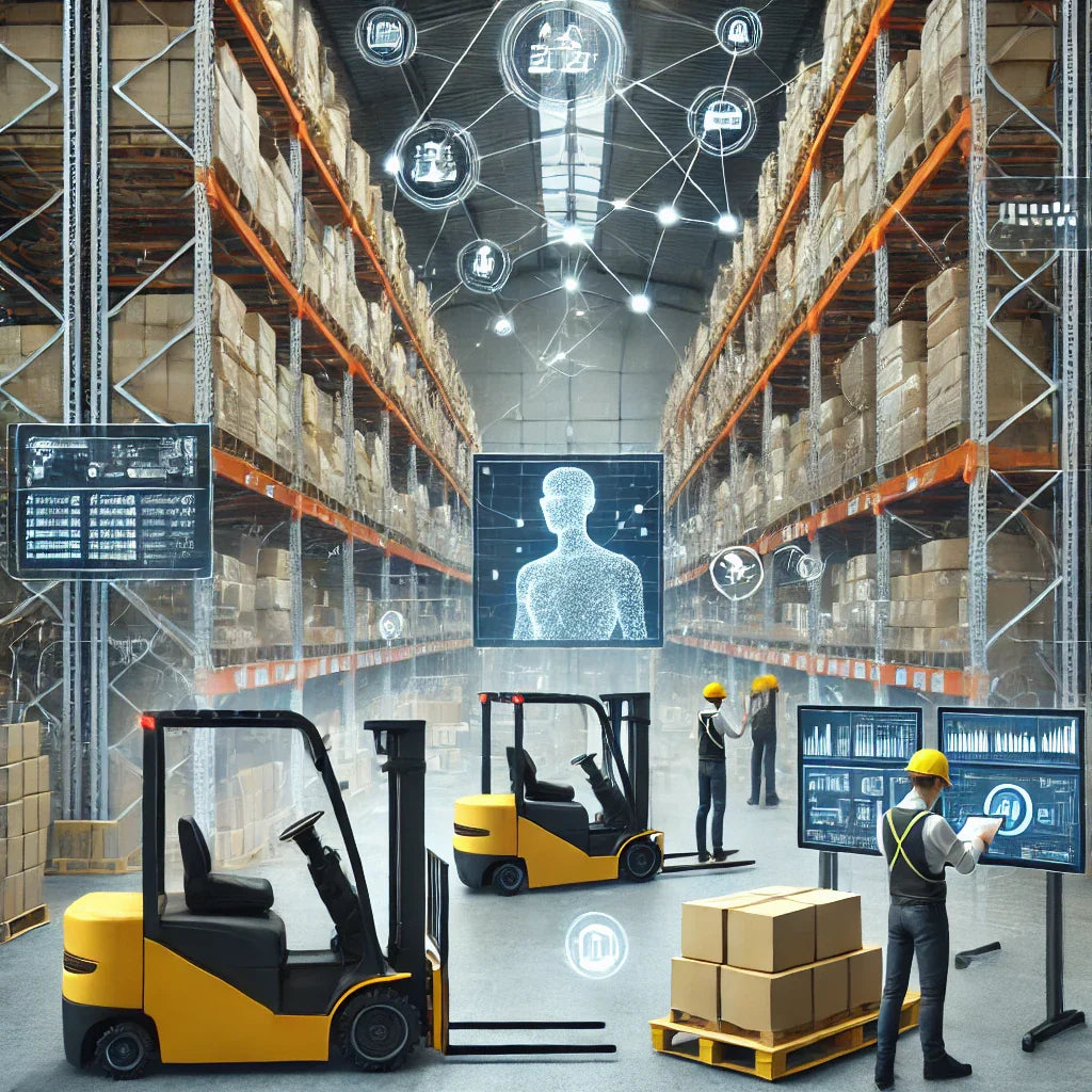 A modern warehouse with organized shelves and automated forklifts in action, highlighting efficient distribution management.