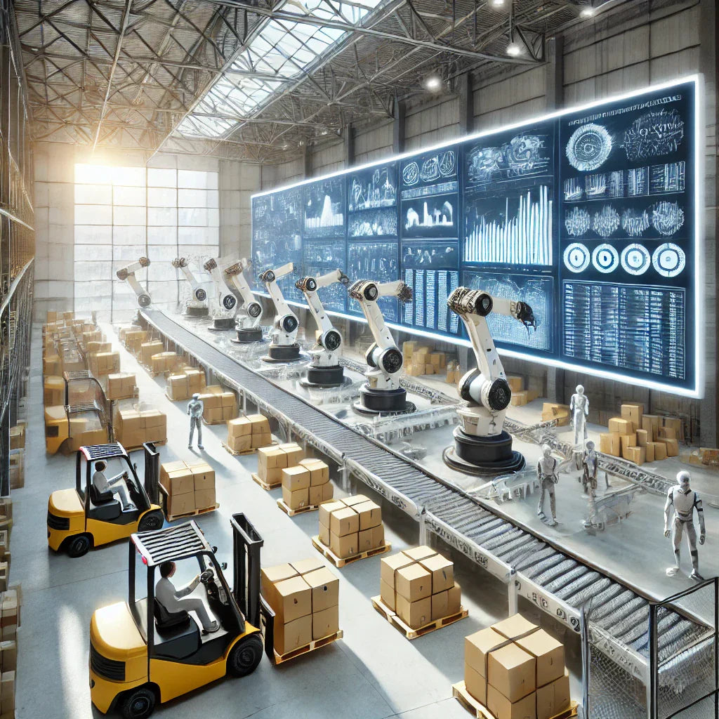 Futuristic warehouse with robotic arms sorting packages on automated conveyor belts, autonomous forklifts transporting pallets, and workers monitoring real-time data analytics in a high-tech control center.