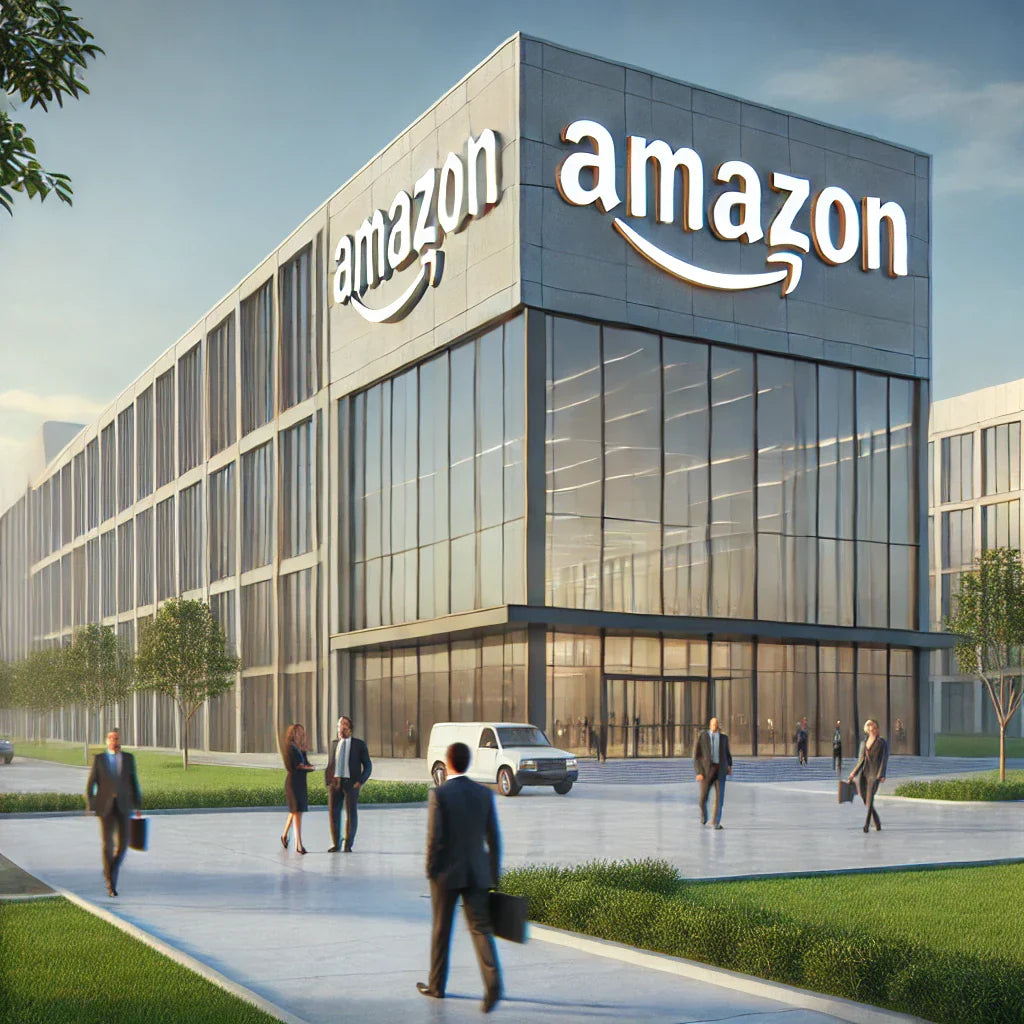Modern office building labeled 'Amazon Headquarters' with glass windows, a sleek design, a clear sky, green lawn, and people engaging in conversation near the entrance, depicting a professional corporate environment.