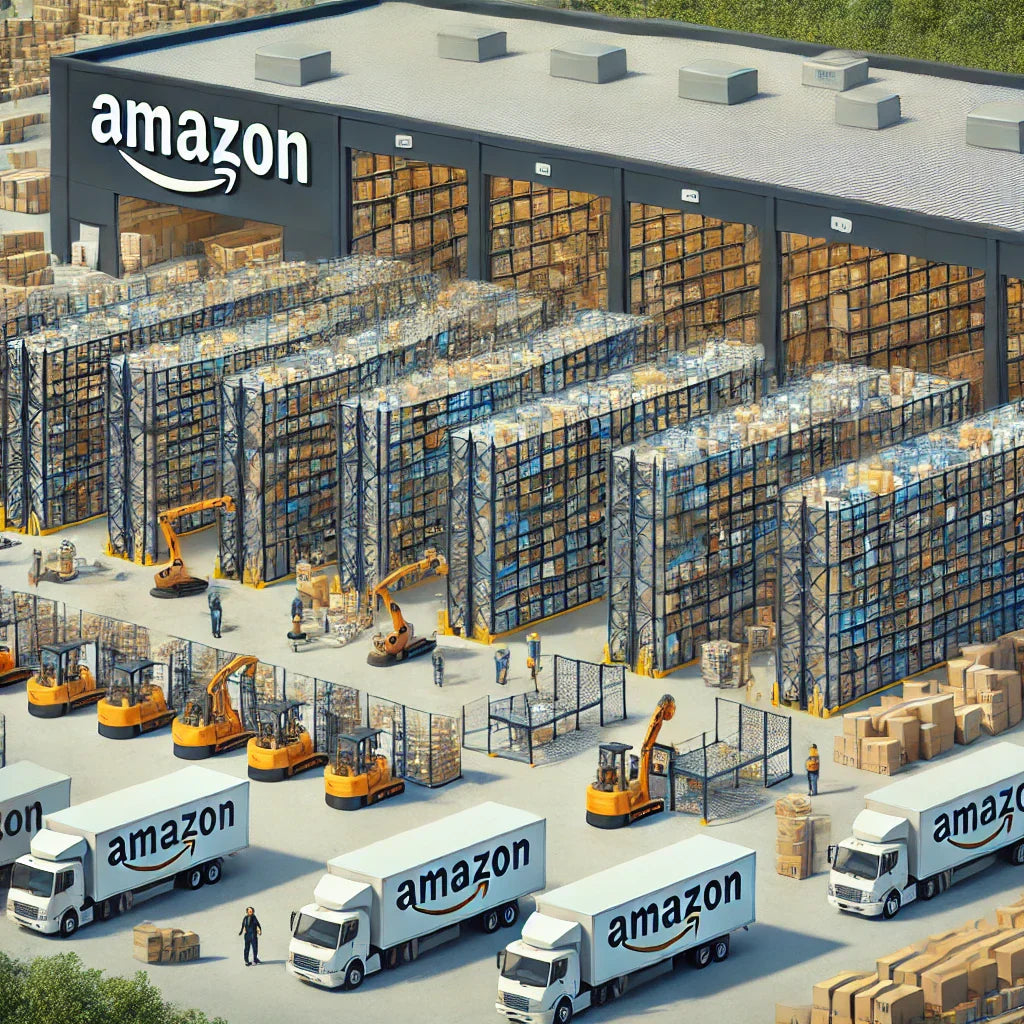Illustration of an Amazon fulfillment center with a vast warehouse interior featuring high shelves loaded with packages, automated robots transporting goods, and workers in safety gear managing inventory.