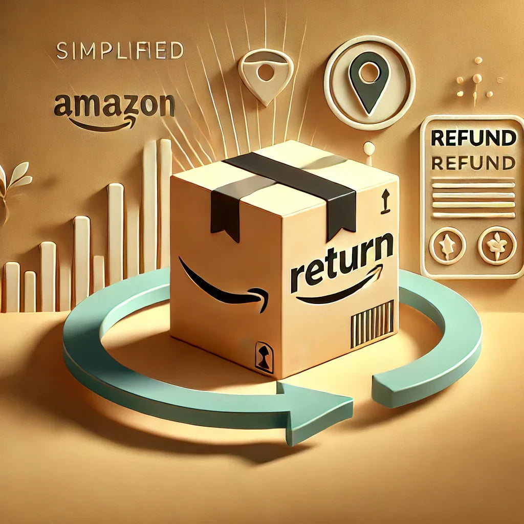 Illustration of an Amazon package with a return label, symbolizing the streamlined return process for faster refunds.