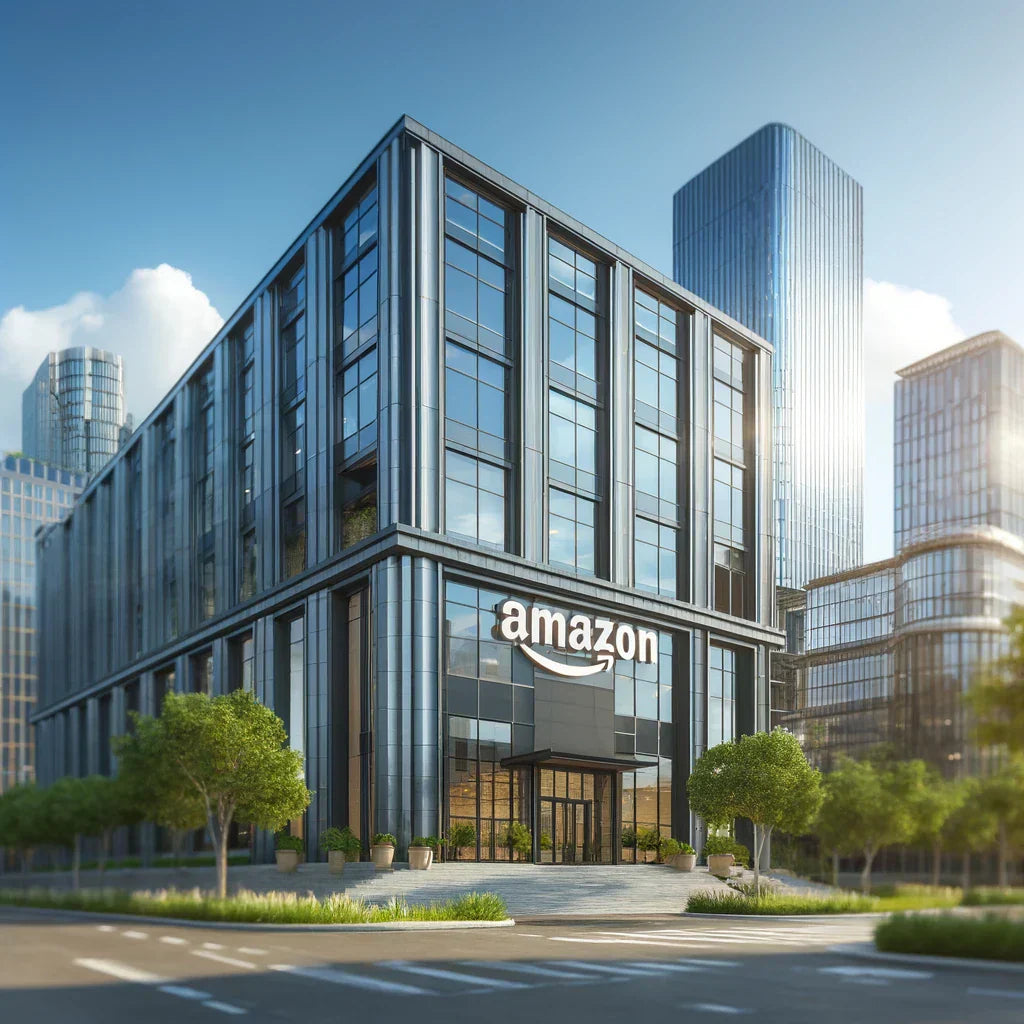A corporate office building featuring the Amazon logo, located in a modern business district, surrounded by well-maintained greenery and professional architecture under a clear sky.