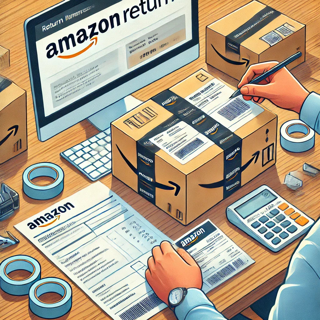 A person organizing an Amazon package for return on a tidy workspace, complete with a labeled box, printed return label, and packing materials like bubble wrap and tape.