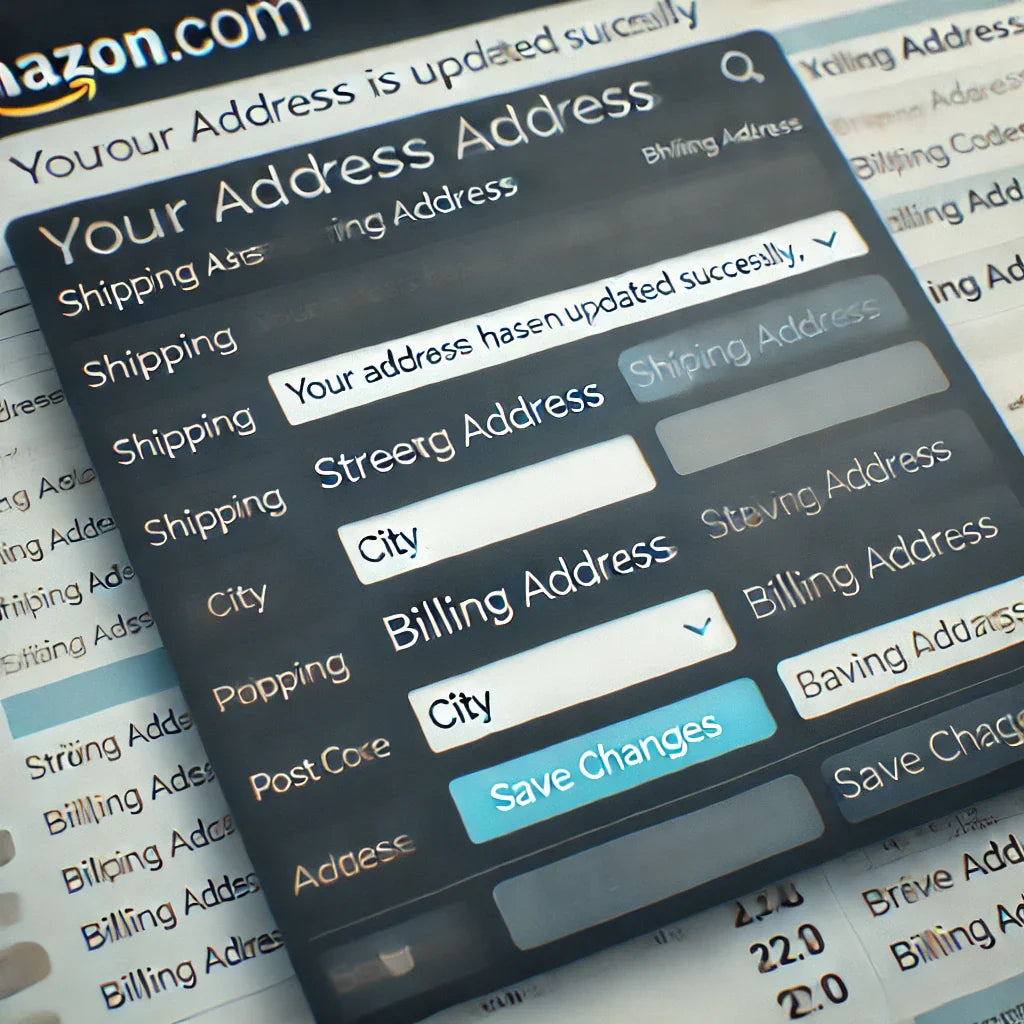 A user interface screen illustrating how to update billing and shipping addresses on an Amazon account, featuring input fields labeled 'Street Address,' 'City,' and 'Postal Code,' with a 'Save Changes' button and a confirmation message.