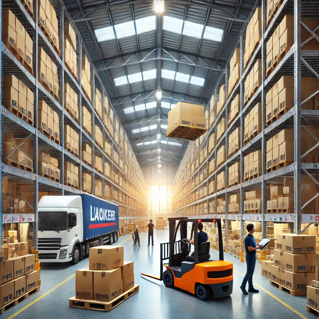 A modern logistics warehouse with workers organizing packages on large shelves, forklift operators moving inventory, and visible branded shipping containers, showcasing the core elements of third-party logistics operations.