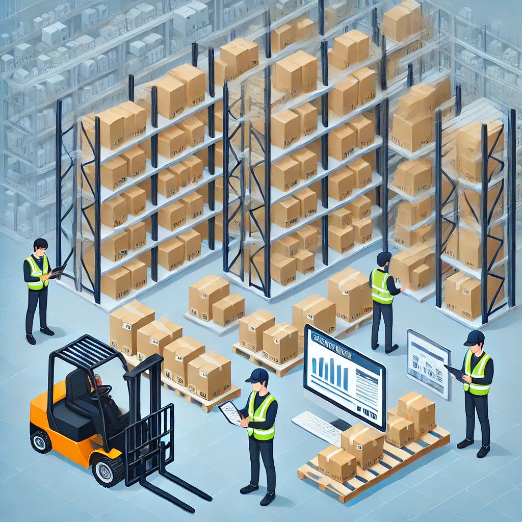 A modern warehouse with neatly arranged packages and labeled boxes ready for shipment, employees in safety vests using tablets, and a forklift moving supplies, symbolizing efficient and coordinated third-party logistics operations.