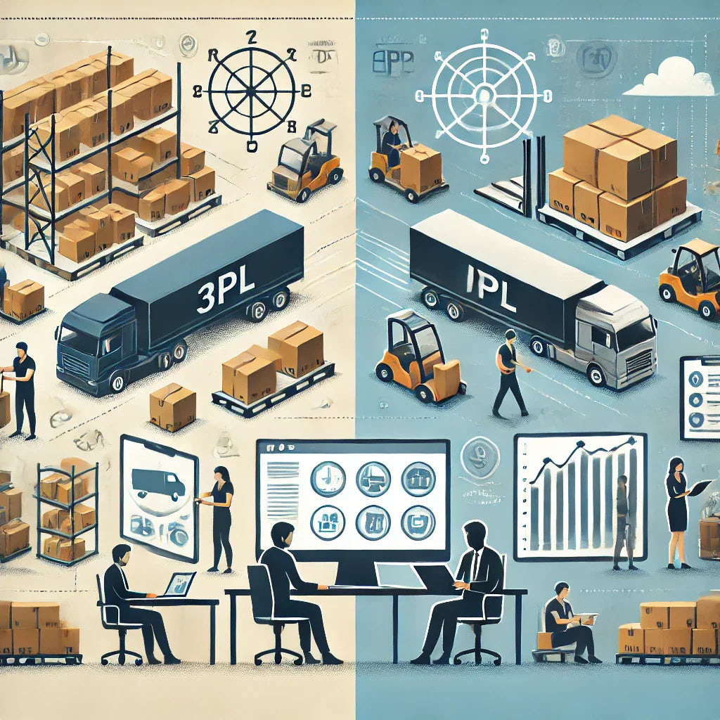 Illustrative comparison of logistics operations showing a 3PL warehouse with active package handling and a 4PL control room with digital dashboards and project managers overseeing advanced supply chain management.