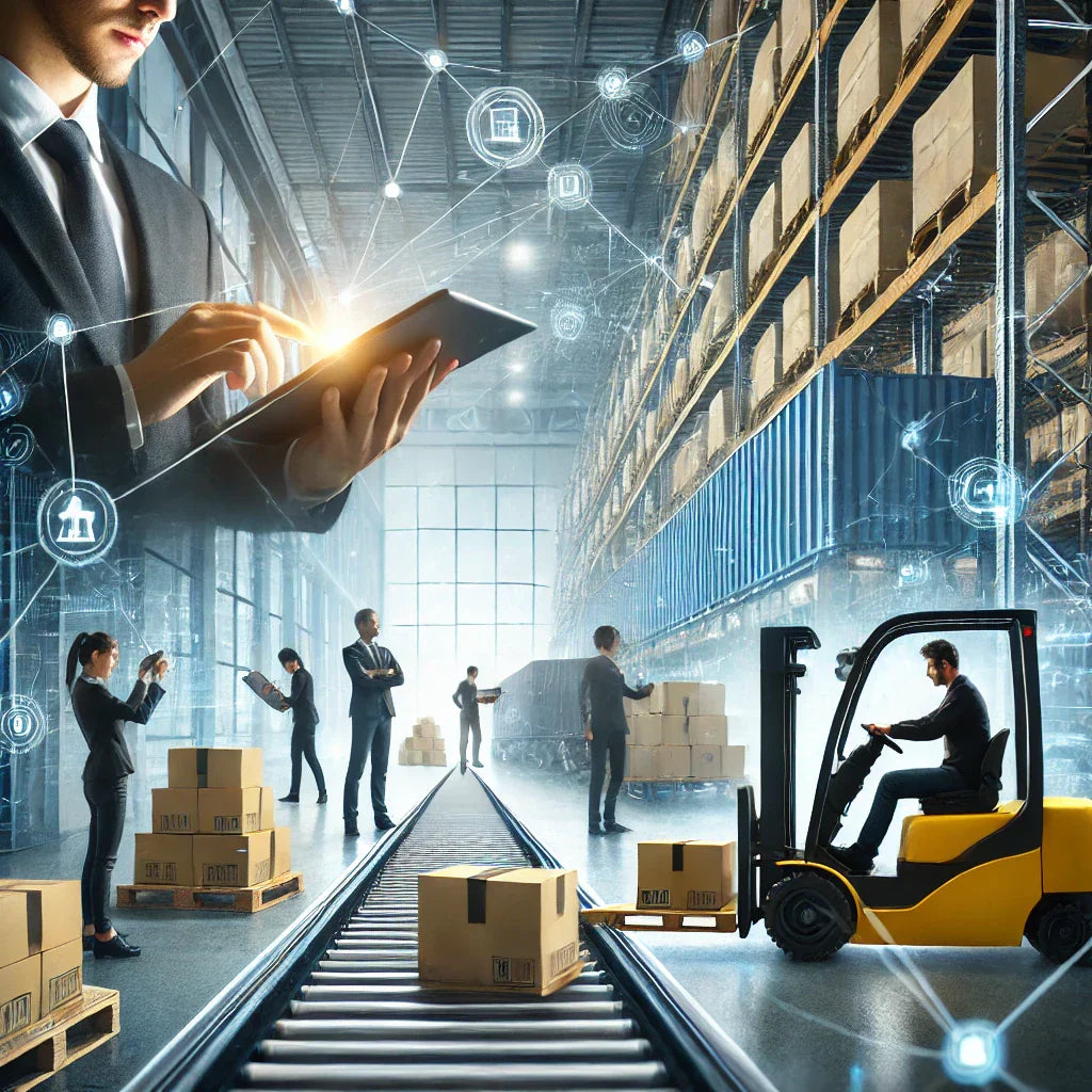 A modern warehouse scene with logistics professionals working efficiently, using technology such as tablets and automated conveyor belts, symbolizing streamlined 3PL services for improved supply chain management.