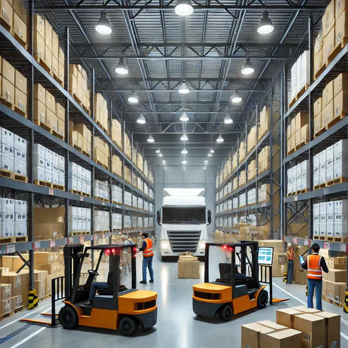 Modern logistics warehouse scene with trucks being loaded and unloaded, workers managing inventory with forklifts and scanners, and neatly organized shelves filled with boxes, showcasing the efficiency of a third-party logistics operation.