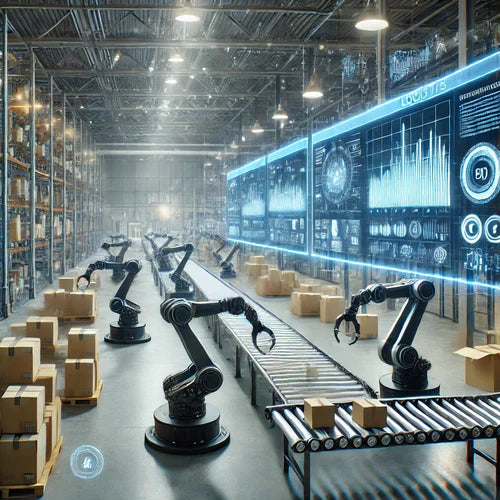 A futuristic warehouse featuring robotic arms, automated conveyor belts, and digital data screens displaying analytics, representing innovation and technology in third-party logistics.