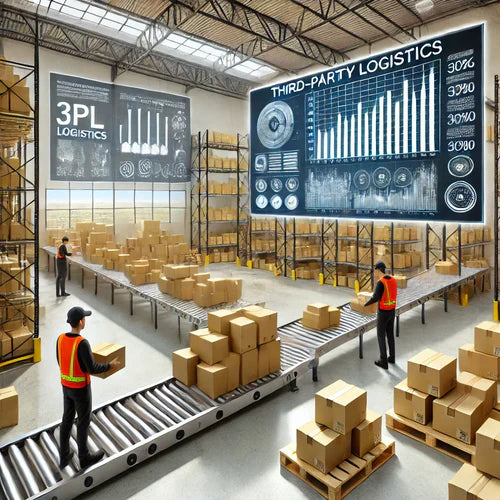 Modern warehouse interior illustrating seamless third-party logistics with workers handling packages, automated conveyor belts, and a data-driven dashboard for e-commerce scalability.