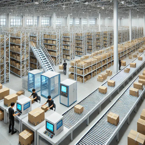 A modern distribution center interior with organized storage racks, conveyor belts, and workers managing packages efficiently, highlighting advanced logistics operations with barcode scanners and automated machinery.