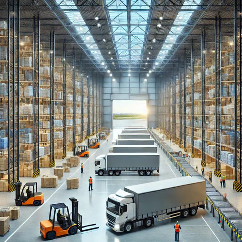 A modern regional distribution center showcasing a spacious warehouse with rows of shelves filled with goods, forklifts actively moving products, and trucks being loaded at dock doors.